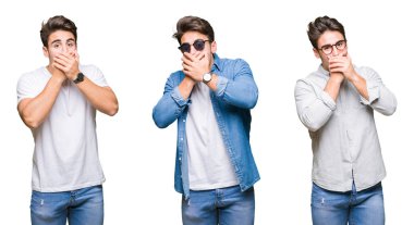 Izole arka plan üzerinde genç yakışıklı adam Kolaj hata için elleri ile ağız kapsayan şok. Gizli kavram.