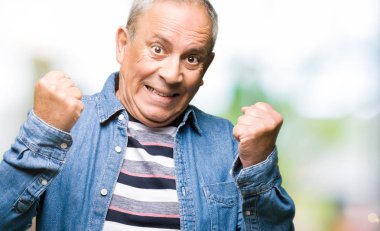 Gülümseyen ve başarı için çığlık denim ceket çok mutlu ve heyecanlı kaldırdı, silah ile kazanan jest yapıyor yakışıklı komuta sizde. Kutlama kavramı.