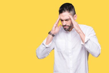 Çünkü genç iş adam arka plan baş baş ağrısı için el ile izole stres. Migren muzdarip.