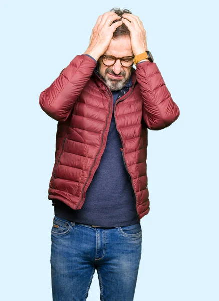 Middle Age Handsome Man Wearing Glasses Winter Coat Suffering Headache — Stock Photo, Image