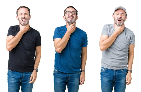 Colagem Homem Sênior Bonito Sobre Fundo Isolado Branco Tocando Pescoço — Fotografia de Stock