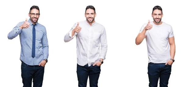 Colagem Homem Negócios Bonito Sobre Fundo Isolado Branco Fazendo Polegares — Fotografia de Stock