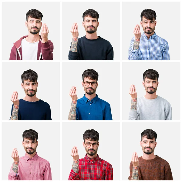 Collage Ung Man Över Isolerade Bakgrund Gör Italienska Gest Med — Stockfoto