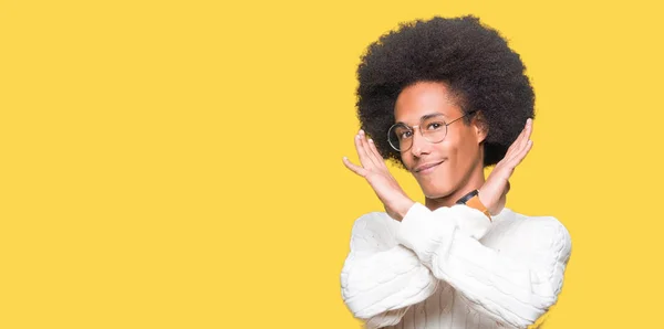 Young African American Man Afro Hair Wearing Glasses Rejection Expression — Stock Photo, Image