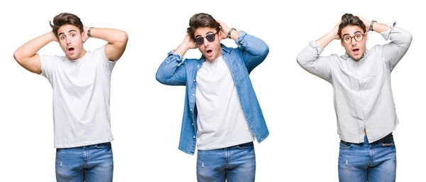 Collage Unga Stilig Man Bär Solglasögon Över Isolerad Bakgrund Galen — Stockfoto