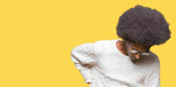 Joven Afroamericano Con Cabello Afro Usando Gafas Sufrimiento Dolor Espalda —  Fotos de Stock