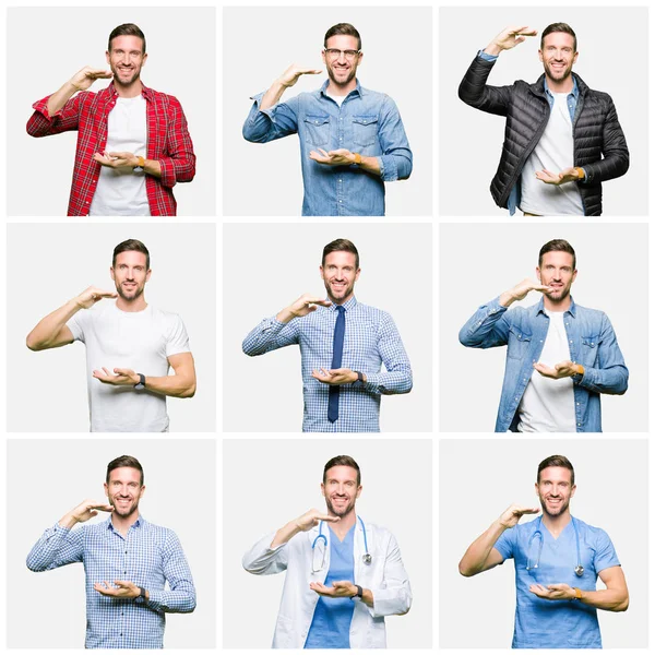 Collage Van Aantrekkelijke Jonge Man Witte Geïsoleerde Achtergrond Gesturing Met — Stockfoto