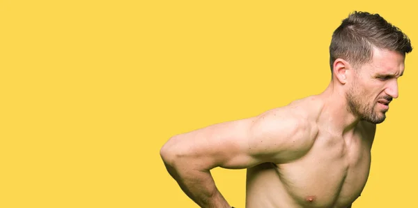 Handsome Shirtless Man Showing Nude Chest Suffering Backache Touching Back — Stock Photo, Image