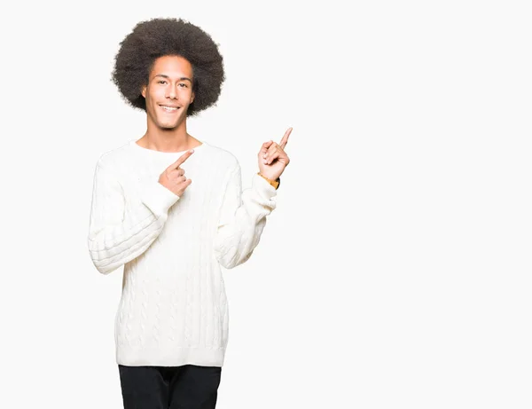 Young African American Man Afro Hair Wearing Winter Sweater Smiling — Stock Photo, Image