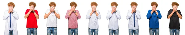 Collage Jeune Homme Portant Des Regards Différents Sur Fond Blanc — Photo