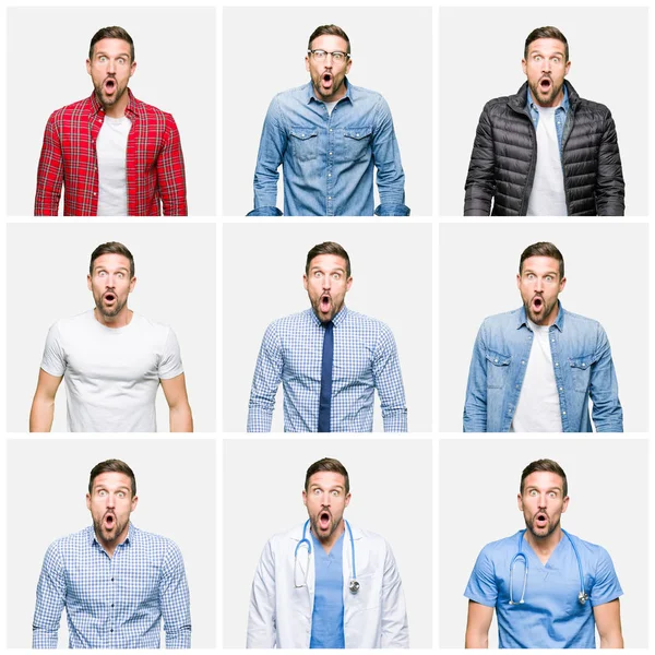 Collage Van Aantrekkelijke Jonge Man Witte Geïsoleerde Achtergrond Bang Geschokt — Stockfoto