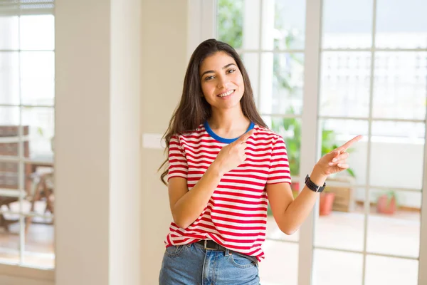 Beautiful Young Woman Smiling Cheerful Pointing Side Fingers — Stock Photo, Image