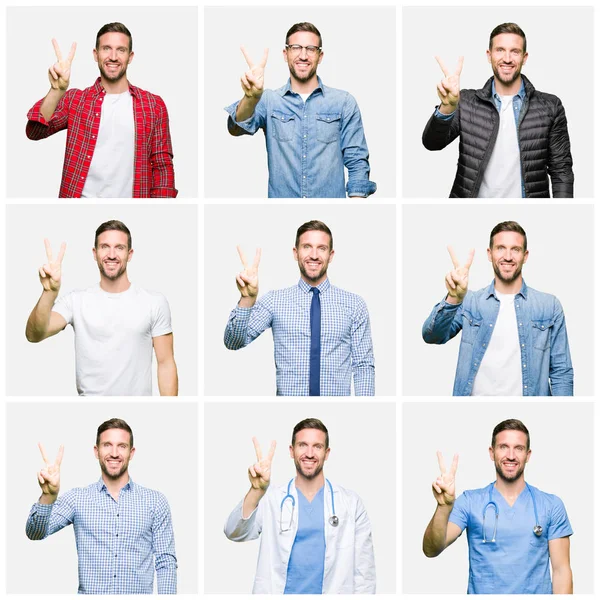 Collage Van Aantrekkelijke Jonge Man Witte Geïsoleerde Achtergrond Weergeven Met — Stockfoto