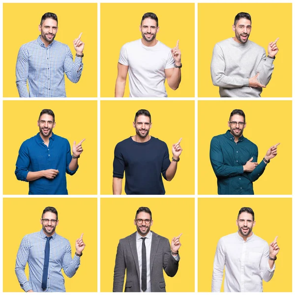 Collage Bell Uomo Sfondo Giallo Isolato Con Grande Sorriso Sul — Foto Stock