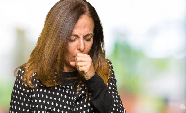 Beautiful Middle Age Woman Wearing Fashion Jacket Feeling Unwell Coughing — Stock Photo, Image