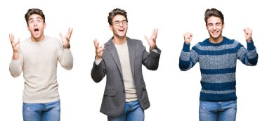 İzole arka plan üzerinde genç yakışıklı iş adamın kolaj deli ve silah ile başarı için deli kutlamak kaldırdı ve heyecanlı çığlık kapalı gözleri. Kazanan kavramı