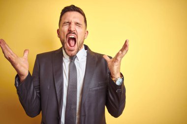 Sarı izole arka plan üzerinde genç yakışıklı iş adam çılgın ve silah ile başarı için deli kutluyor kaldırdı ve heyecanlı çığlık kapalı gözleri. Kazanan kavramı