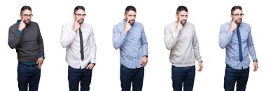 Beyaz izole arka plan üzerinde yakışıklı iş adamı kolaj göz jest, şüpheli ifade izlerken işaret