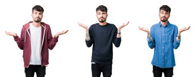 Kolaj izole arka plan clueless ve şaşkın bir ifadeyle kollar ve eller kaldırdı genç adam. Şüphe kavramı.