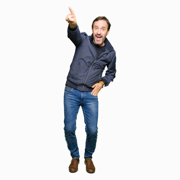 Middle Age Handsome Man Wearing Jacket Pointing Finger Surprised Ahead — Stock Photo, Image