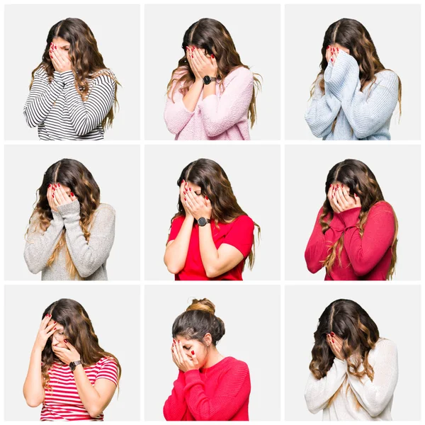 Collage Hermosa Mujer Joven Con Diferentes Miradas Sobre Fondo Blanco —  Fotos de Stock