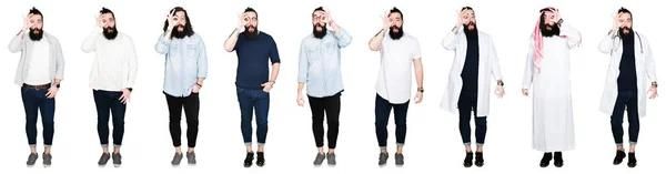 Colagem Jovem Com Barba Cabelos Longos Sobre Fundo Isolado Branco — Fotografia de Stock