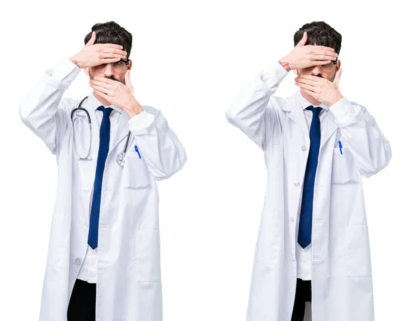 Collage Joven Doctor Con Abrigo Médico Cubriendo Los Ojos Boca — Foto de Stock