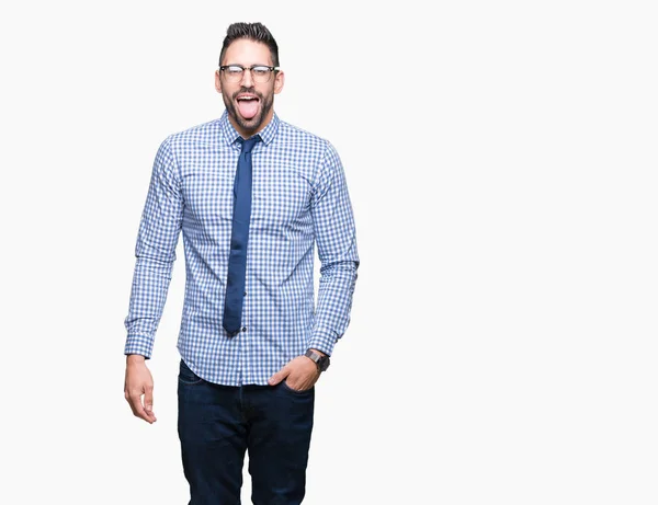 若いビジネス人が舌を付着分離の背景に眼鏡をかけて出て面白い表現に満足 感情の概念 — ストック写真