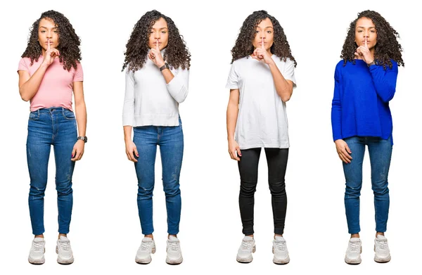 Collage Van Mooie Jonge Vrouw Met Krullend Haar Witte Geïsoleerde — Stockfoto