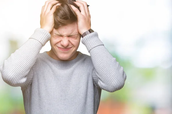 Jonge Knappe Man Dragen Winter Trui Geïsoleerde Achtergrond Lijden Hoofdpijn — Stockfoto