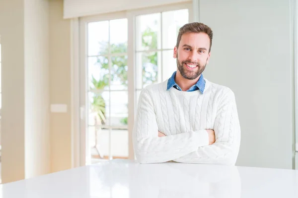 Handsome Man Wearing Casual Sweater Happy Face Smiling Crossed Arms — Stock Photo, Image