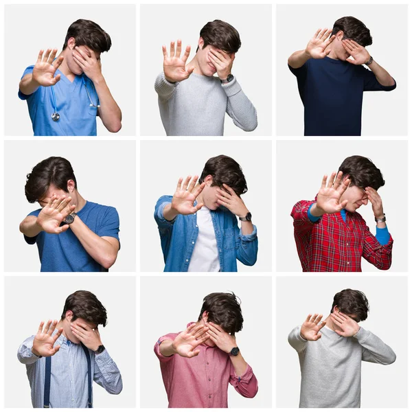 年轻男子拼贴在白色孤立的背景覆盖眼睛用手和做停止手势与悲伤和恐惧的表情 尴尬和消极的概念 — 图库照片