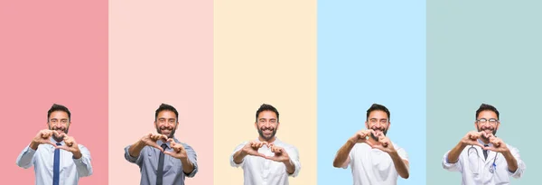Collage Handsome Man Colorful Stripes Isolated Background Smiling Love Showing — Stock Photo, Image