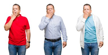 İzole arka plan üzerinde Arap orta yaş adam bileşimi el ile ağız kapsayan yorgun esneme sıkılmış. Huzursuz ve uykululuk.