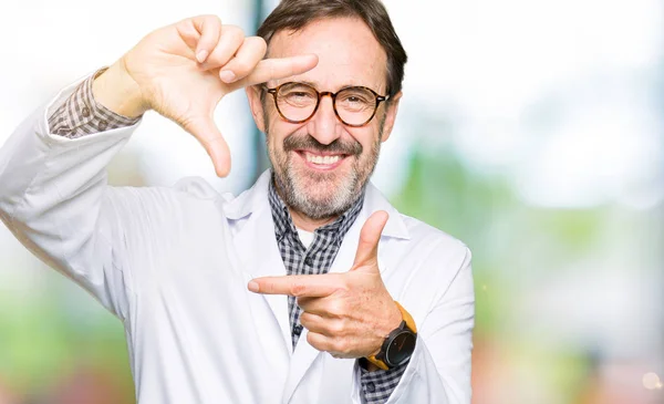 Middle Age Doctor Men Wearing Medical Coat Smiling Making Frame — Stock Photo, Image