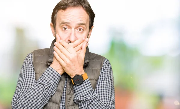 Middle Age Handsome Man Wearing Winter Vest Shocked Covering Mouth — Stock Photo, Image
