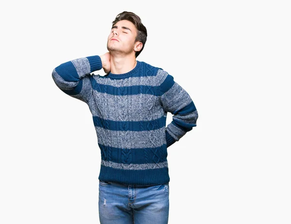 Junger Gutaussehender Mann Mit Isoliertem Hintergrund Der Unter Nackenschmerzen Berührung — Stockfoto
