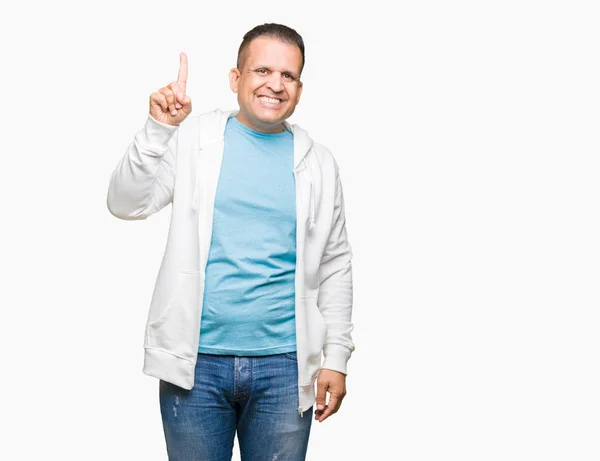 Middle Age Arab Man Wearing Sweatshirt Isolated Background Showing Pointing — Stock Photo, Image