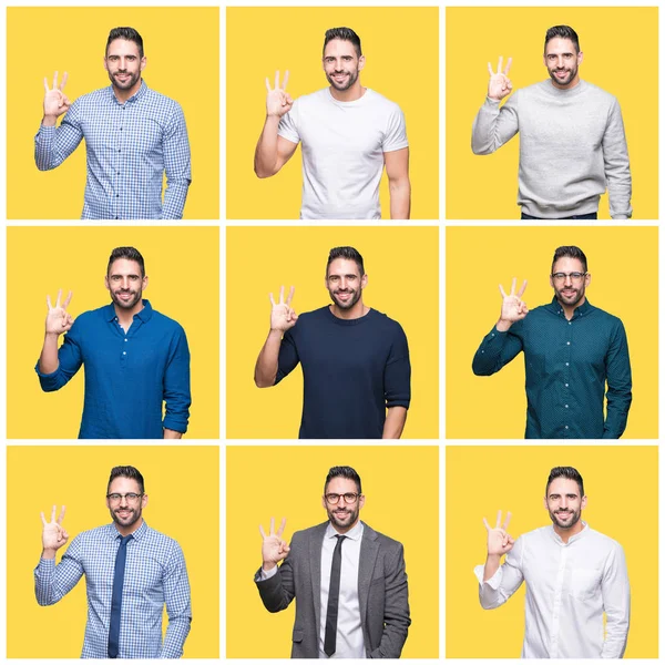 Collage Hombre Guapo Sobre Fondo Aislado Amarillo Mostrando Apuntando Hacia —  Fotos de Stock