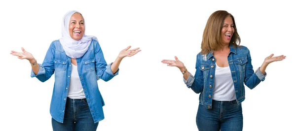 Collage Hermosa Mujer Árabe Mediana Edad Sobre Fondo Aislado Sonriendo —  Fotos de Stock