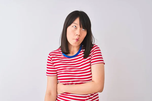 Jeune Belle Femme Chinoise Portant Shirt Rayures Rouges Sur Fond — Photo
