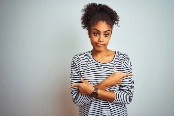 African American Woman Wearing Navy Striped Shirt Standing Isolated White — Stock Photo, Image