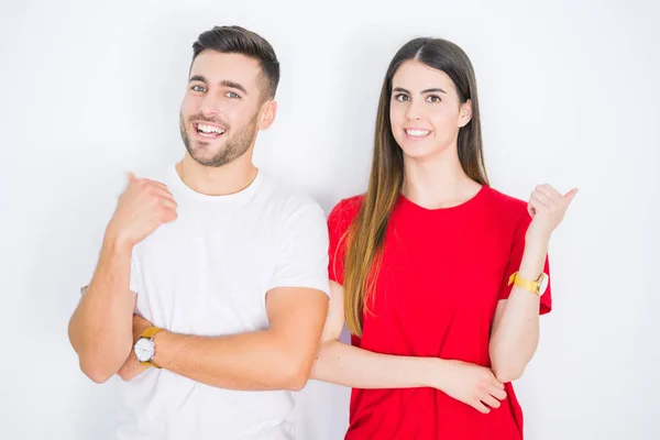 Jovem Casal Bonito Juntos Sobre Fundo Isolado Branco Sorrindo Com — Fotografia de Stock