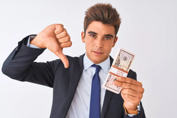Joven Hombre Negocios Guapo Con Traje Sosteniendo Dólares Sobre Fondo — Foto de Stock