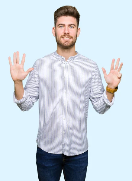 Young Handsome Man Showing Pointing Fingers Number Nine While Smiling — Stock Photo, Image