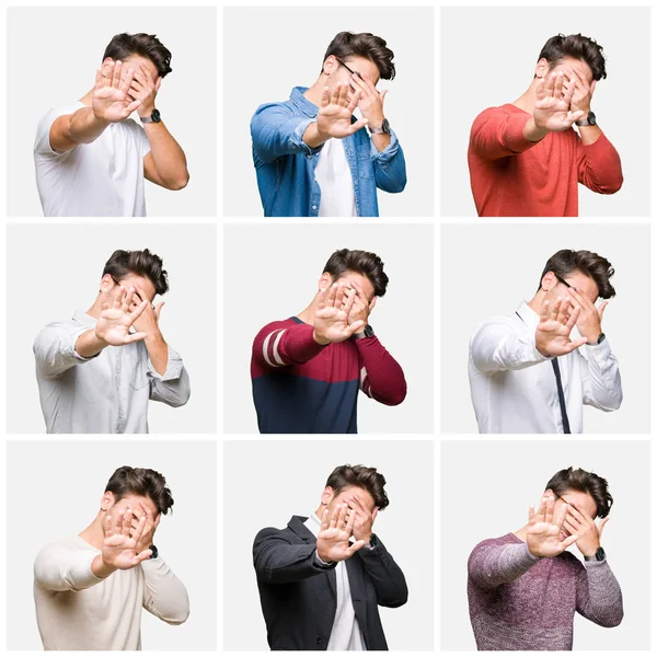 Collage Young Handsome Business Man Isolated Background Covering Eyes Hands — Stock Photo, Image