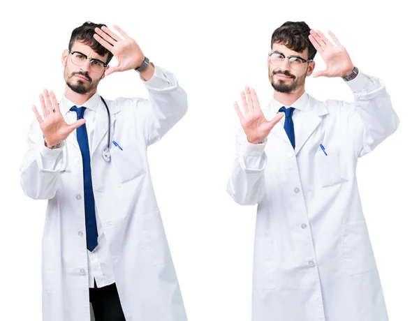 手のひらと指を使ってフレームを笑顔で医療コートを着た若い医者の男のコラージュ カメラの視点 — ストック写真