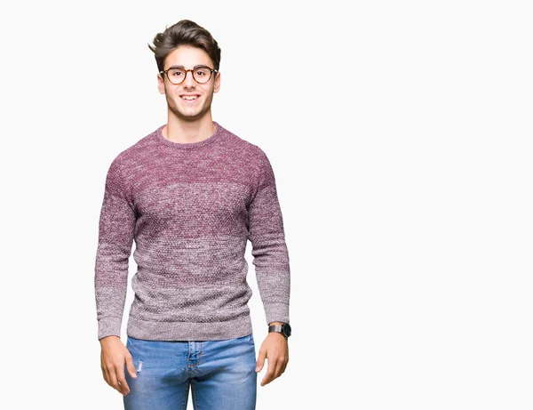 Junger Gutaussehender Mann Mit Brille Vor Isoliertem Hintergrund Mit Einem — Stockfoto