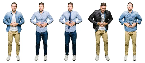 Collage Van Aantrekkelijke Jonge Man Witte Geïsoleerd Achtergrond Met Hand — Stockfoto