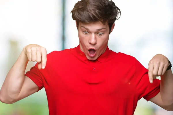 Young Handsome Man Wearing Red Shirt Isolated Background Pointing Fingers — Stock Photo, Image